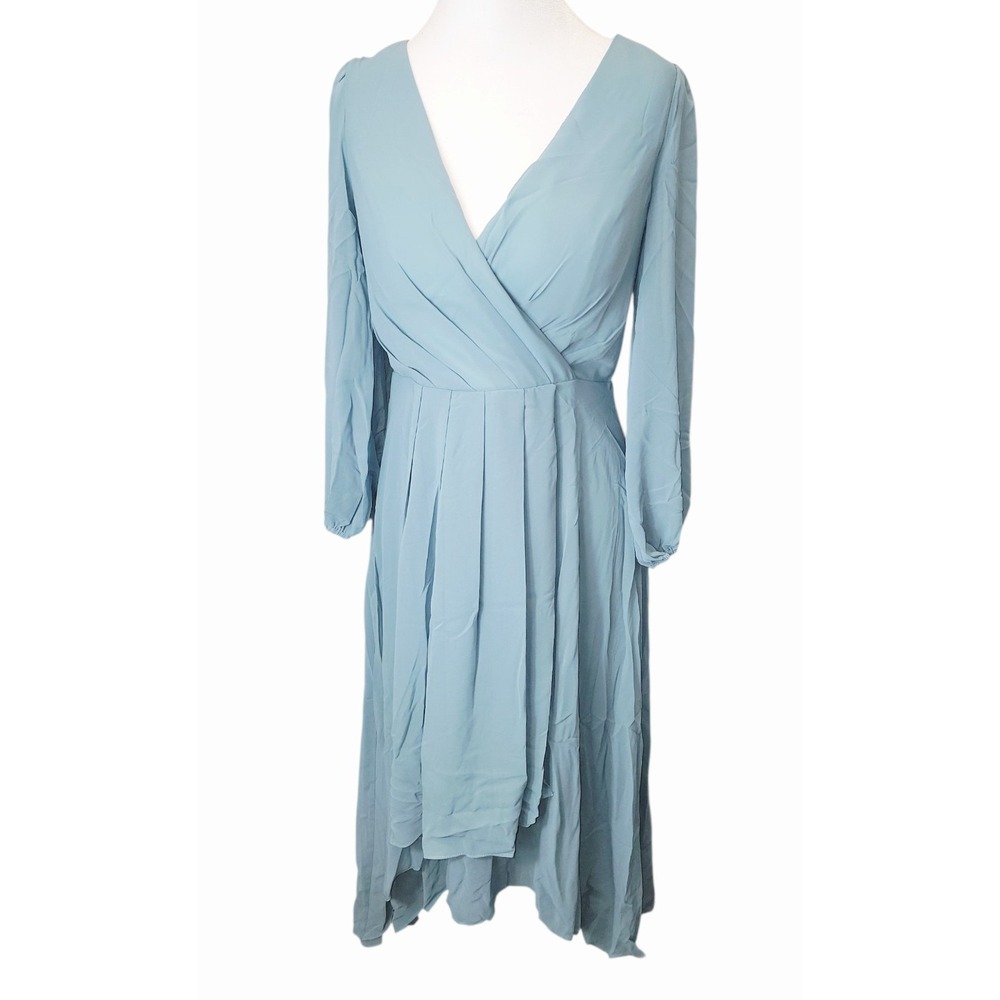 NWT Ever Pretty Blue Surplice V-Neck Long Sleeve Pleated Midi Dress Women's 4